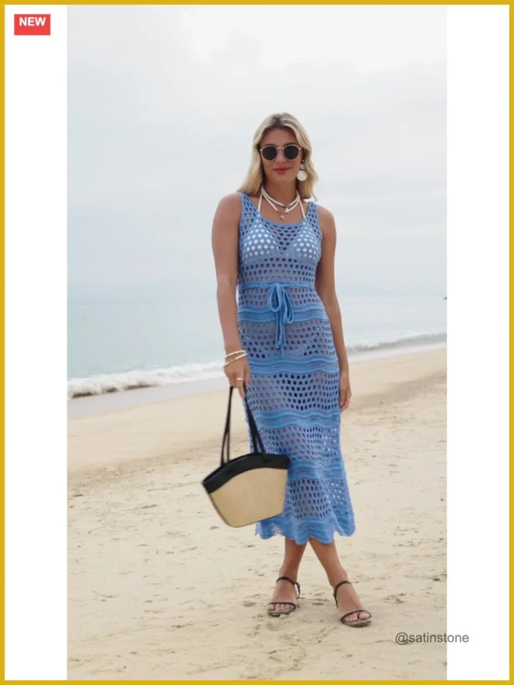 Crochet Beach Cover Up Dress Sleeveless Scoop Neck Drawstring Long